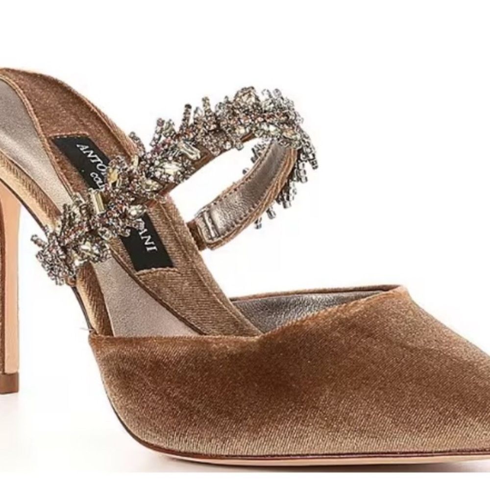 ANTONIO MELANI Tan Velvet Crystal Embellished Heels - Picture 2 of 11